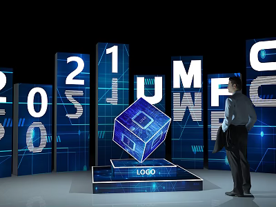 Business Person Standing Next To Blue Cube With Logo Near 2021 Consumer Digital 3d model