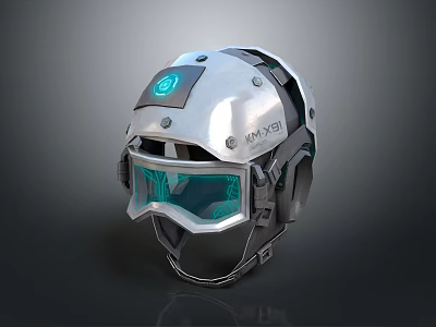 Futuristic Silver Helmet With Blue Glowing Logo And Transparent Visor MAX-78 Label 3d model