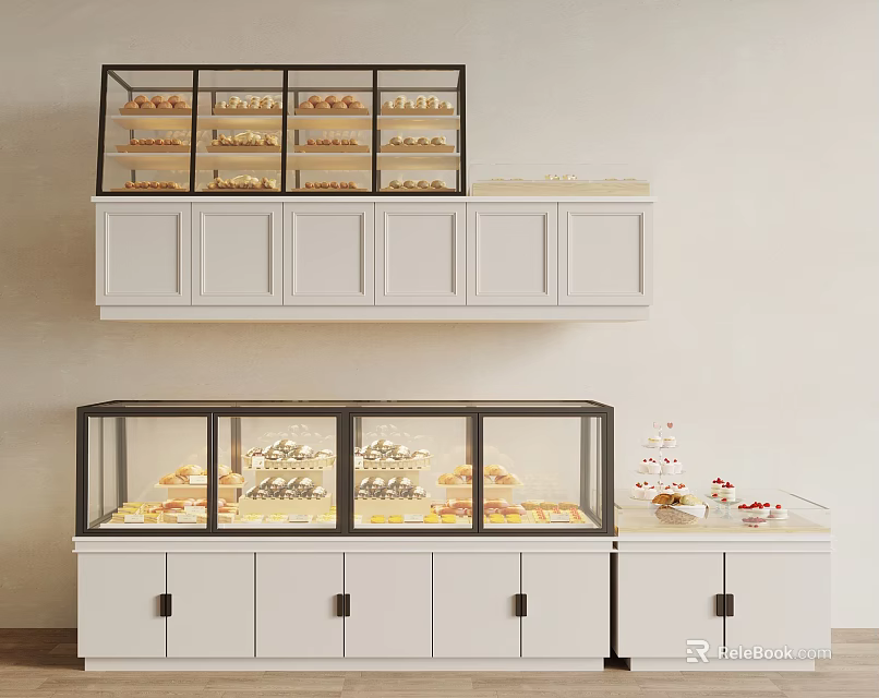 Elegant Display Cabinets for Displaying Pastries and Cakes with White Glass Doors in Bakery Shop 3d model 