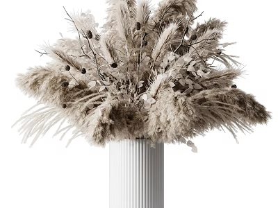 Textured White Ceramic Vase With Dried Pampas Grass And Natural Flower Arrangement 3d model