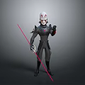 Sci Fi Character In Black Armor With White Helmet And Red Lightsaber