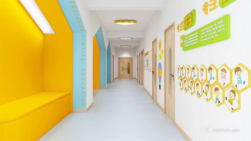 Elevator Corridor with Yellow and Blue Walls Bench Children's Decorations and Cartoon Patterns 3d model