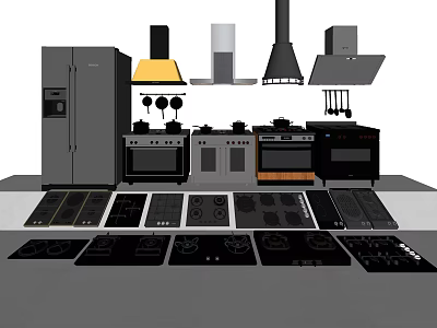 Various Kitchen Appliances Including Refrigerator Range Hoods Ovens And Stovetops 3d model