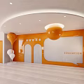 Modern School Hall Interior With Circular Lights Stairs And Orange Door Design