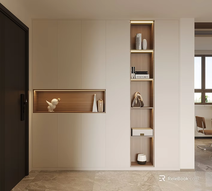 Modern Wall Mounted Shoe Cabinet With Open Shelves Decorative Items And Storage Space 3d model 