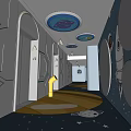 Space Themed Hotel Corridor With Starry Ceiling Astronaut Wall Decor And Star Patterned Floor 3d model