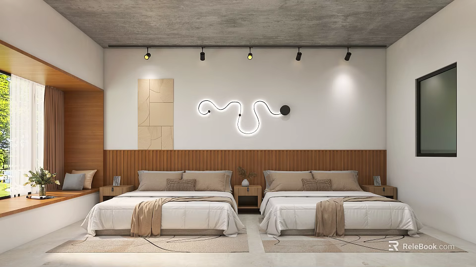 Modern Hotel Room with Twin Beds Wooden Headboard and Curved Neon Wall Decor 3d model 