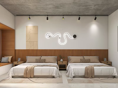 Modern Hotel Room with Twin Beds Wooden Headboard and Curved Neon Wall Decor 3d model