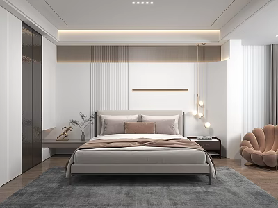Modern Bedroom Interior with Beige Bed Gray Rug Striped Accent Wall and Curved Chair 3d model