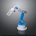 White and Blue Robot Arm with Base Joints on Dark Background Showing Reflection 3d model