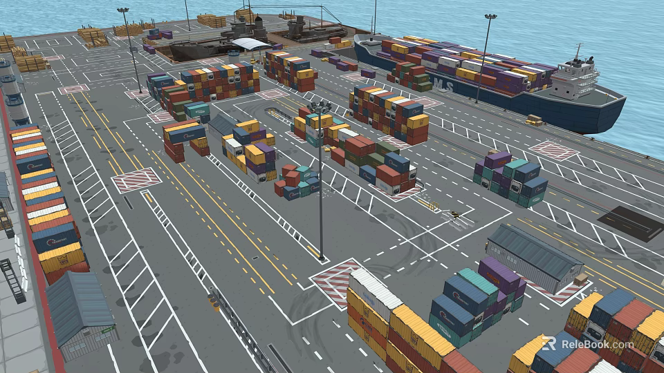 Cartoon Port Scene With Colorful Containers Roads And Shipping Area 3d model 