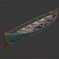 Classic Wooden Boat With Wooden Oar Interior Seats And Blue Red Accents