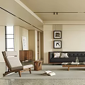 Modern Living Room Interior With Black Sofa Wooden Coffee Table And Wall Art