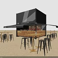 Illuminated Container Style Bar at Night with High Top Tables Bar Stools and Harbor Backdrop