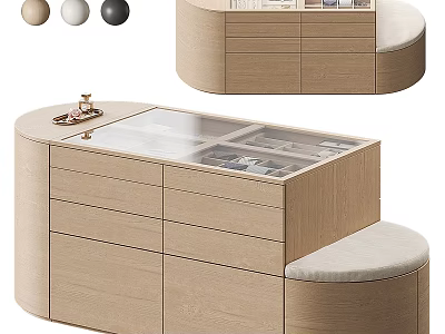 Modern Curved Wooden Storage Cabinet with Drawers Glass Panels and Bench Seat 3d model