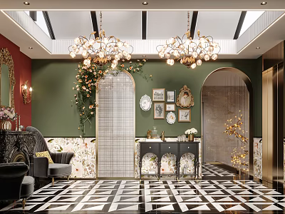 Elegant Villa Balcony With Green Wall Chandelier Archway And Black White Floor Tiles 3d model