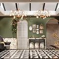 Elegant Villa Balcony With Green Wall Chandelier Archway And Black White Floor Tiles