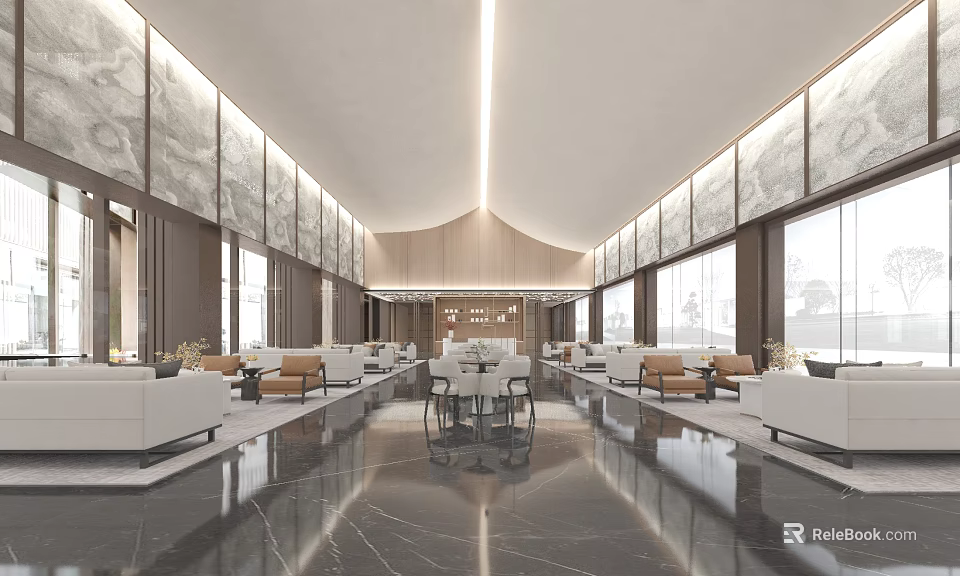Modern Leisure Area Interior With Comfortable Sofas Wooden Tables Marble Flooring And Soft Lighting 3d model 