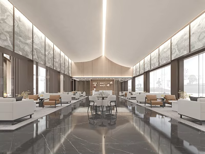 Modern Leisure Area Interior With Comfortable Sofas Wooden Tables Marble Flooring And Soft Lighting 3d model