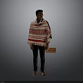 Man Wearing Red And White Striped Poncho With Patterns Holding Wooden Box Against Gray Background
