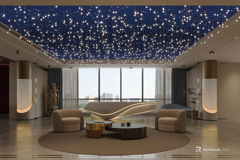 Modern Hotel Public Lounge With Starry Ceiling Lights Large Windows City View And Comfortable Sofas 3d model 