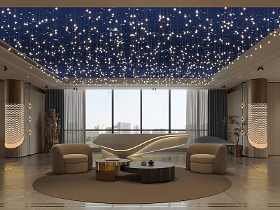 Modern Hotel Public Lounge With Starry Ceiling Lights Large Windows City View And Comfortable Sofas 3d model