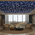 Modern Hotel Public Lounge With Starry Ceiling Lights Large Windows City View And Comfortable Sofas 3d model