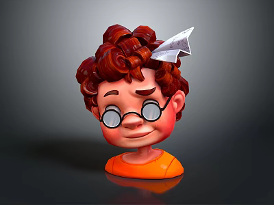 Cartoon Character With Curly Auburn Hair Wearing Glasses Paper Airplane on Head And Orange Outfit 3d model