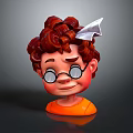 Cartoon Character With Curly Auburn Hair Wearing Glasses Paper Airplane on Head And Orange Outfit
