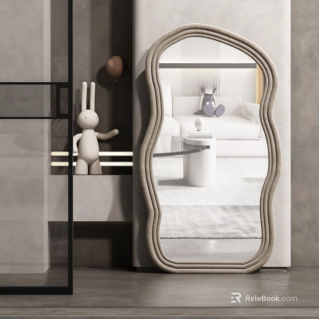 Unique Curved Decorative Mirror With Rabbit Figurine And Living Room Reflection 3d model 