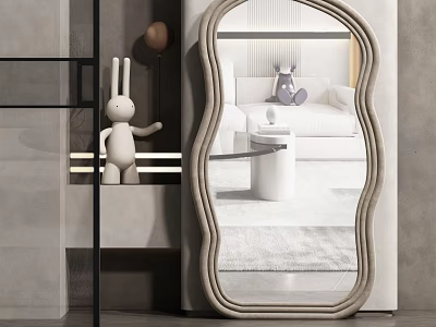 Unique Curved Decorative Mirror With Rabbit Figurine And Living Room Reflection 3d model