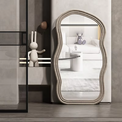 Unique Curved Decorative Mirror With Rabbit Figurine And Living Room Reflection 3d model