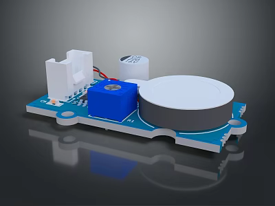Electronic Module Circuit Board With Blue Square Part And White Cylindrical Component 3d model
