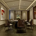 Private Dining Box Interior With Round Table Chairs Chandelier And Decorative Mural