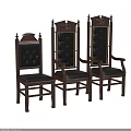 Vintage Wooden Chairs Featuring Black Leather Seats And Carved Backrest Design