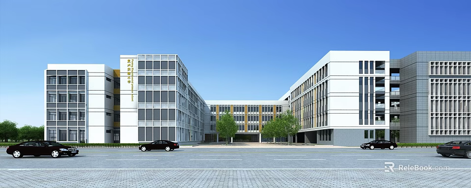 Modern School Buildings With Spacious Square Trees And Parking Lot Under Blue Sky 3d model 