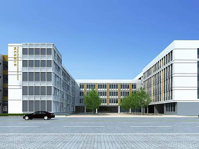 Modern School Buildings With Spacious Square Trees And Parking Lot Under Blue Sky 3d model