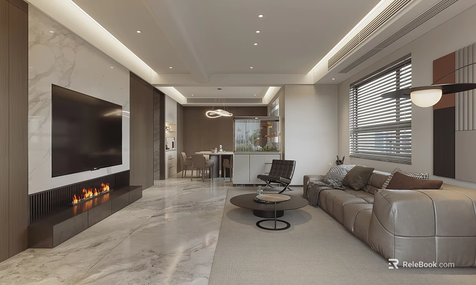 Modern Living and Dining Room Interior with TV Wall Fireplace Sofa and Marble Floor 3d model 