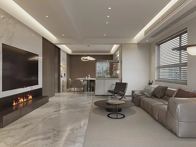 Modern Living and Dining Room Interior with TV Wall Fireplace Sofa and Marble Floor 3d model