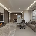 Modern Living and Dining Room Interior with TV Wall Fireplace Sofa and Marble Floor
