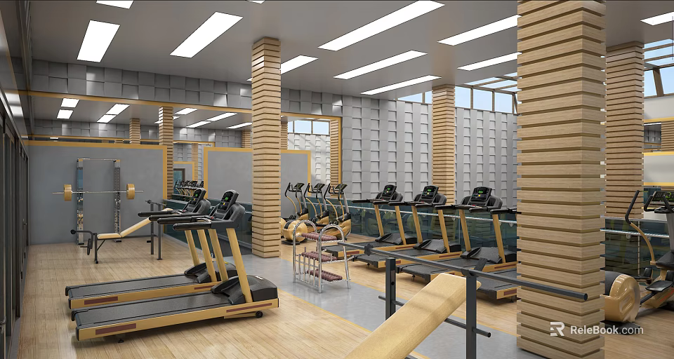 Spacious Gym Workout Area With Treadmills Fitness Equipment Bright Lighting And Wooden Decor 3d model 