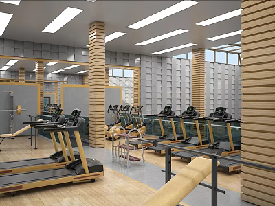 Spacious Gym Workout Area With Treadmills Fitness Equipment Bright Lighting And Wooden Decor 3d model
