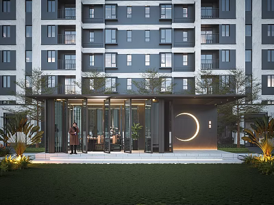 Pergola at Modern Apartment Building Entrance With Glass Doors Circular Decor And Greenery On Lawn 3d model
