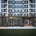 Pergola at Modern Apartment Building Entrance With Glass Doors Circular Decor And Greenery On Lawn