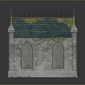 Traditional Stone Church Building With Green Tiled Roof Pointed Towers And Wooden Door