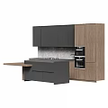 Modern Kitchen Cabinets Featuring Black Wooden Finish Dark Countertop Island And Oven