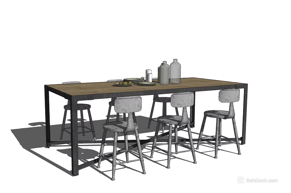 Modern Dining Table Set With Wooden Top Black Metal Frame And Gray High Stools 3d model 