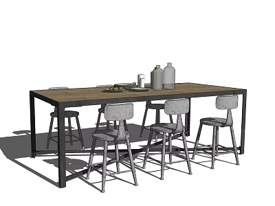 Modern Dining Table Set With Wooden Top Black Metal Frame And Gray High Stools 3d model