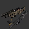 Two Tactical Rifles With Scope And Tactical Accessories In Tan And Gray