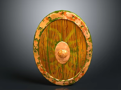 Medieval Wooden Shield With Decorative Ornate Edges Central Metal Boss Green And Orange Patterns 3d model